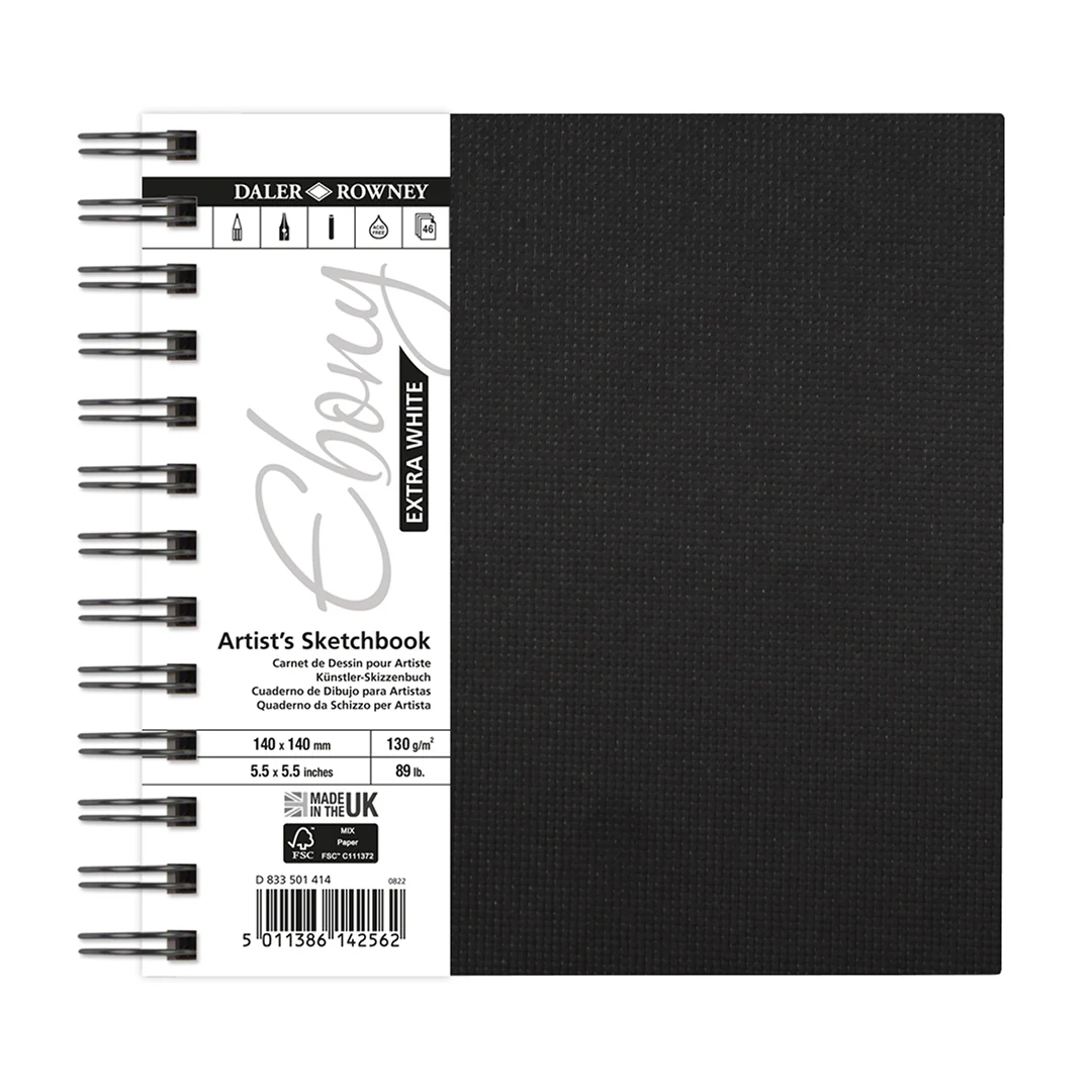 Daler-Rowney Ebony Extra White Wirebound Sketchbook 130G 140x140mm 46 Sheets