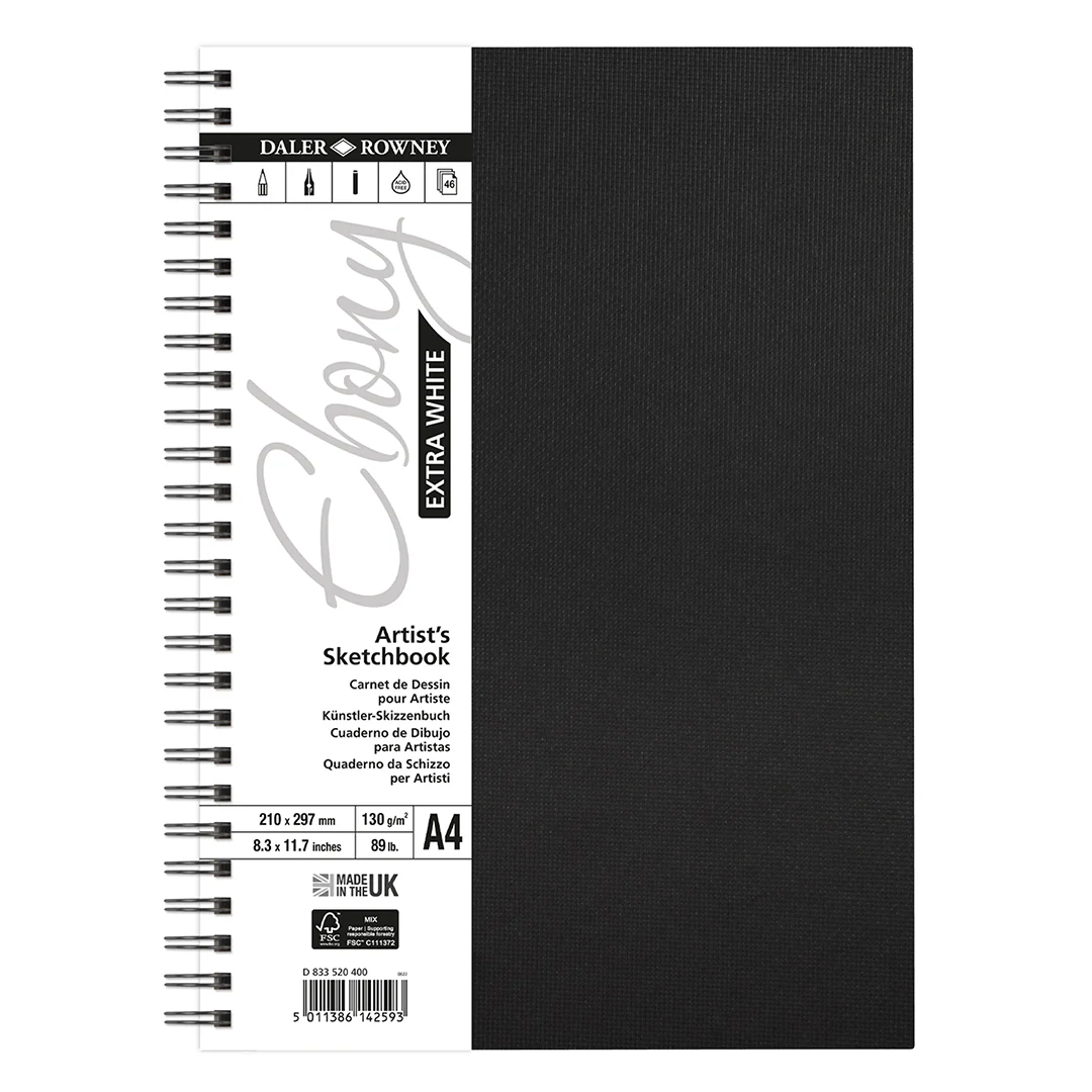 Daler-Rowney Ebony Extra White Wirebound Sketchbook 130G A4 Portrait 46 Sheets