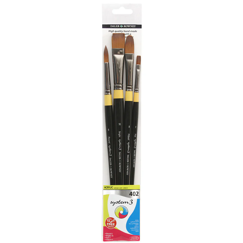 Daler-Rowney System3 Acrylic Long Handle Brush 402 Wallet of 4
