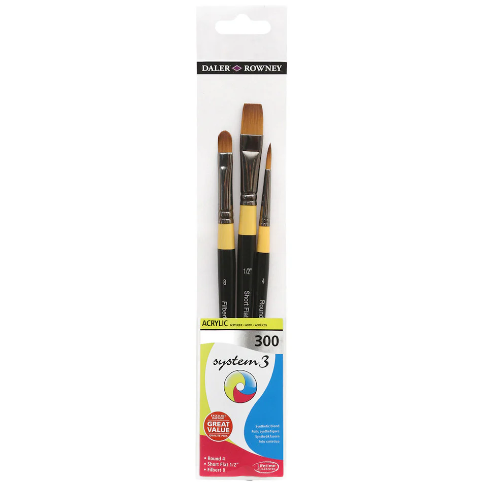 Daler-Rowney System3 Acrylic Short Handle Brush 300 Wallet of 3