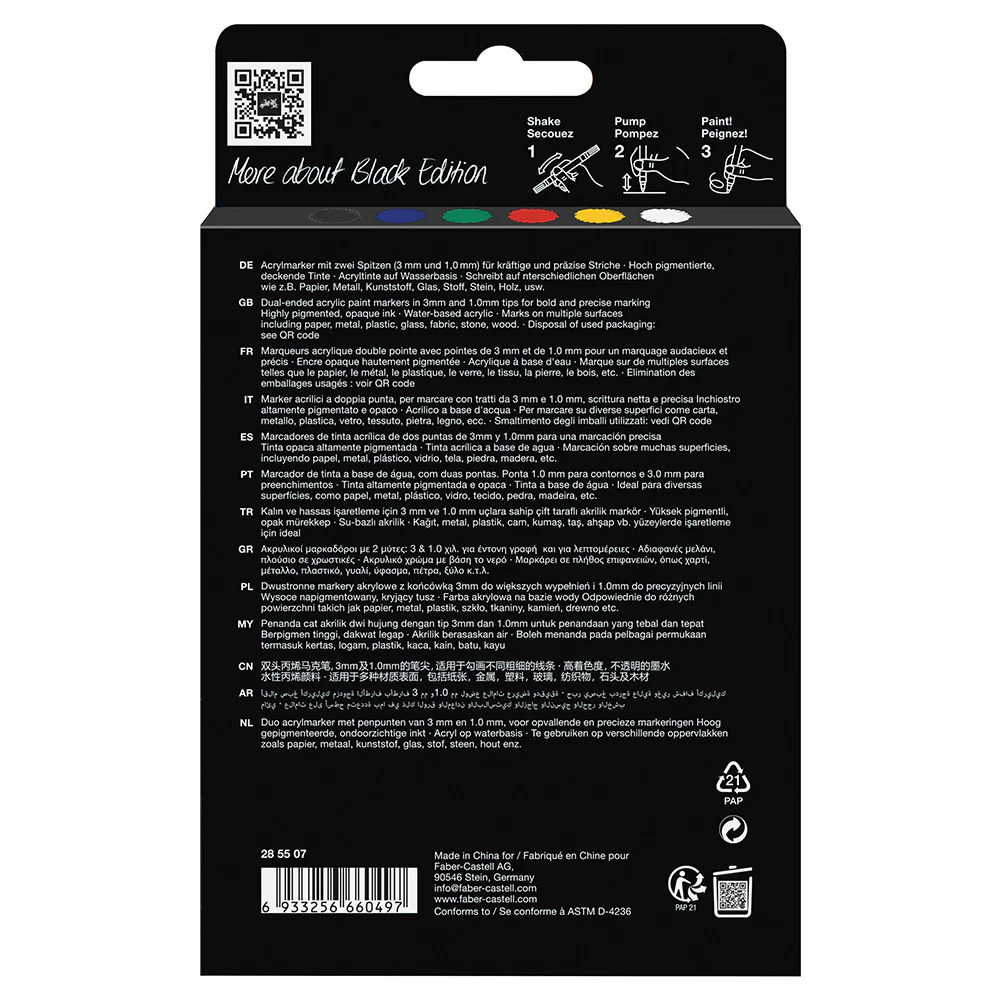 Faber-Castell Black Edition Shake & Paint Acrylic Markers Classic Colours Set of 6 - Image 4