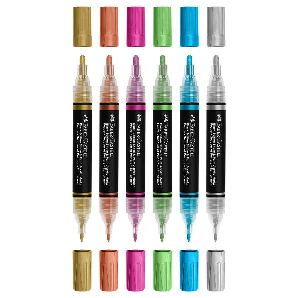 Faber-Castell Black Edition Shake & Paint Acrylic Markers Metallic Colours Set of 6 - Image 2