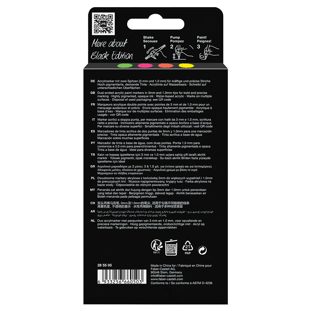 Faber-Castell Black Edition Shake & Paint Acrylic Markers Neon Colours Set of 4 - Image 4