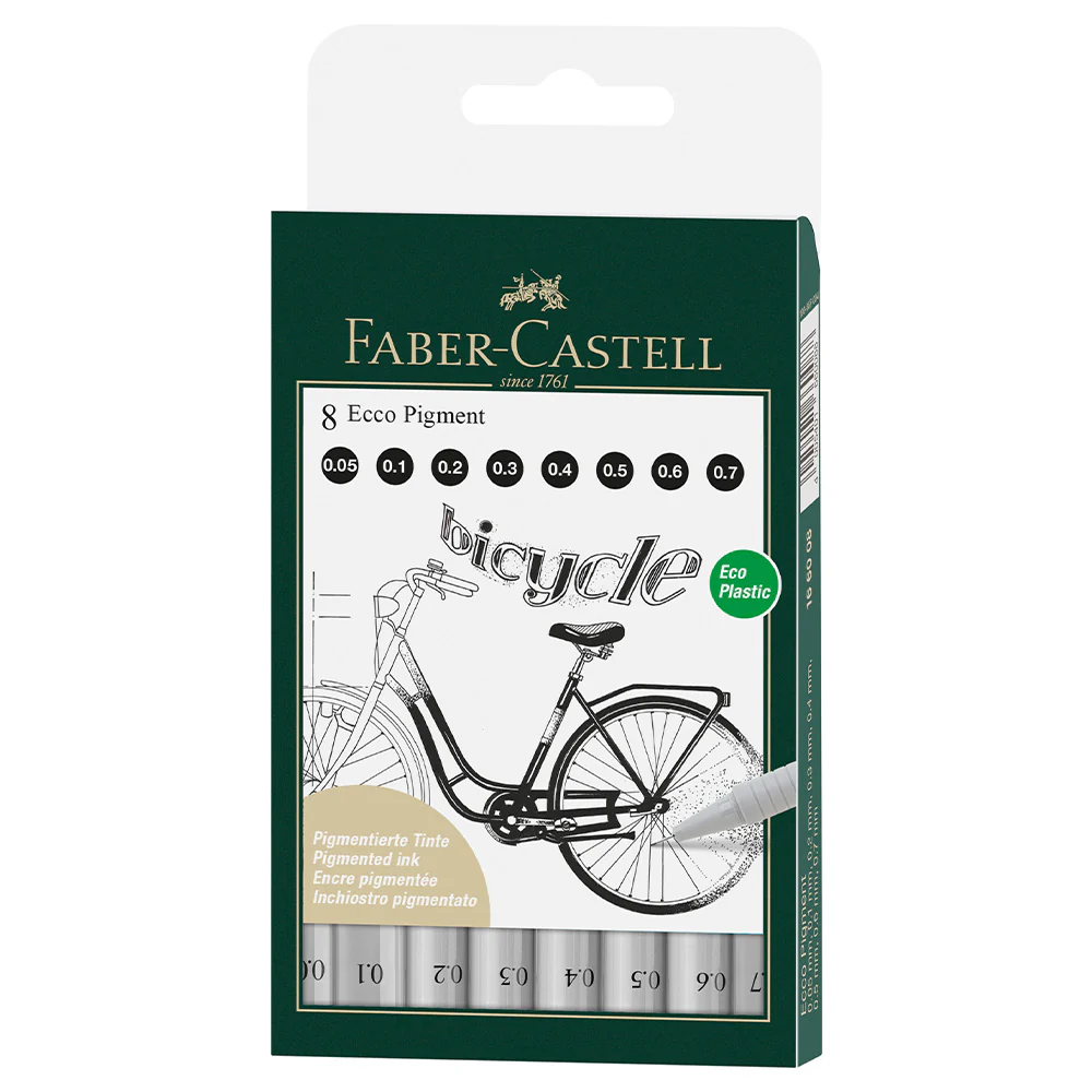 Faber-Castell Ecco Pigment Fibre Tip Pen Wallet 8 Pens 0.05 0.1 0.2 0.3 0.4 0.5 0.6 & 0.7mm