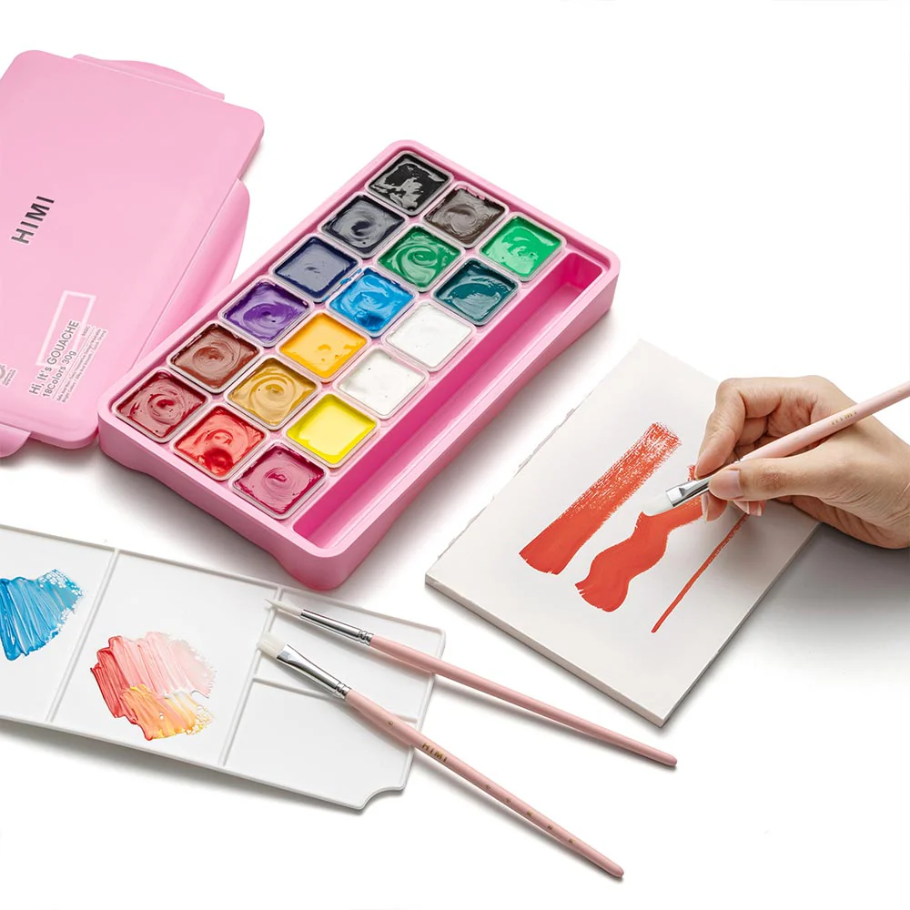 HIMI Jelly Cup Gouache Set of 18 Colours + 3 Brushes Pink Case - Image 2