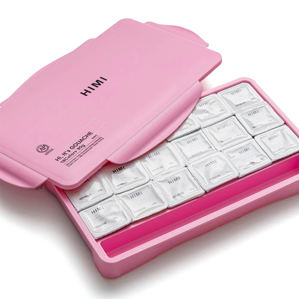 HIMI Jelly Cup Gouache Set of 18 Colours + 3 Brushes Pink Case - Image 5