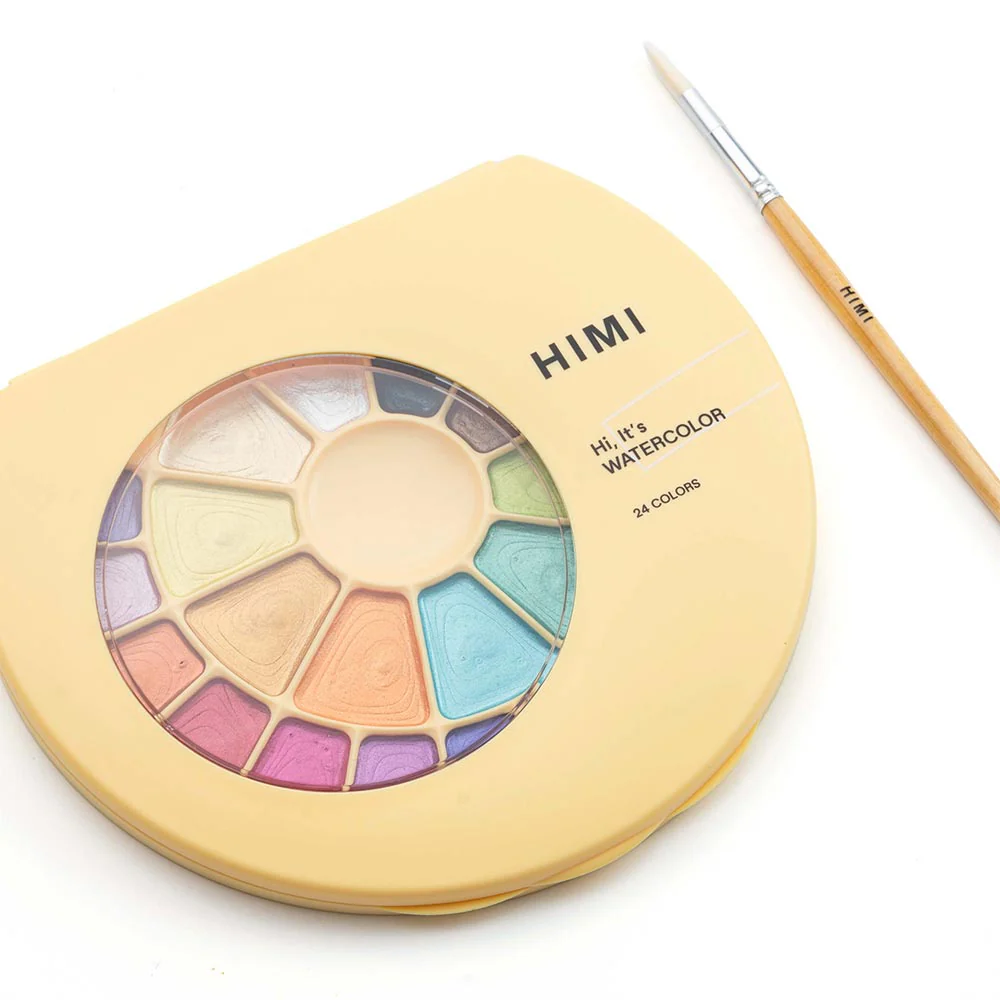 HIMI Semi-Moist Watercolour Set of 24 Pans + Brush Yellow Case Metallic Edition - Image 5