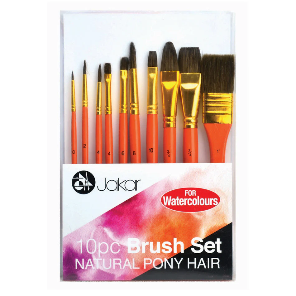 Jakar Brush Set Pony Hair Bristles For Watercolour Set of 10