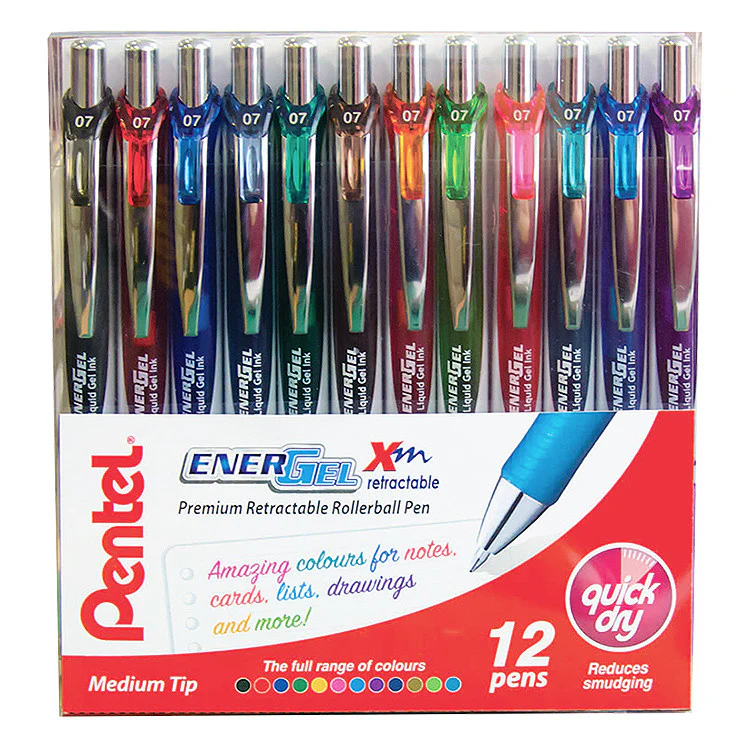 Pentel EnerGel Xm Retractable Rollerball Pen BL77 Set of 12 Assorted