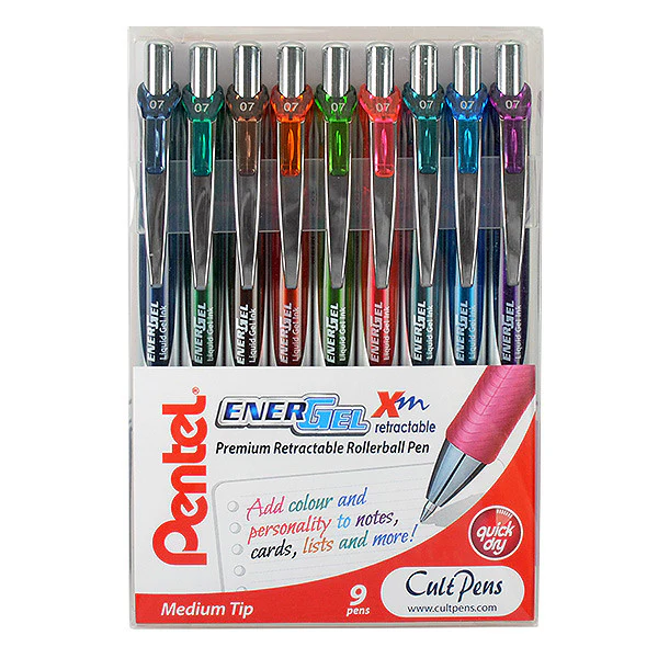 Pentel EnerGel Xm Retractable Rollerball Pen BL77 Wallet of 9 Fashion Colours