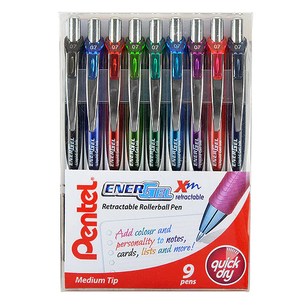 Pentel EnerGel Xm Retractable Rollerball Pen BL77 Wallet of 9 Standard Colours