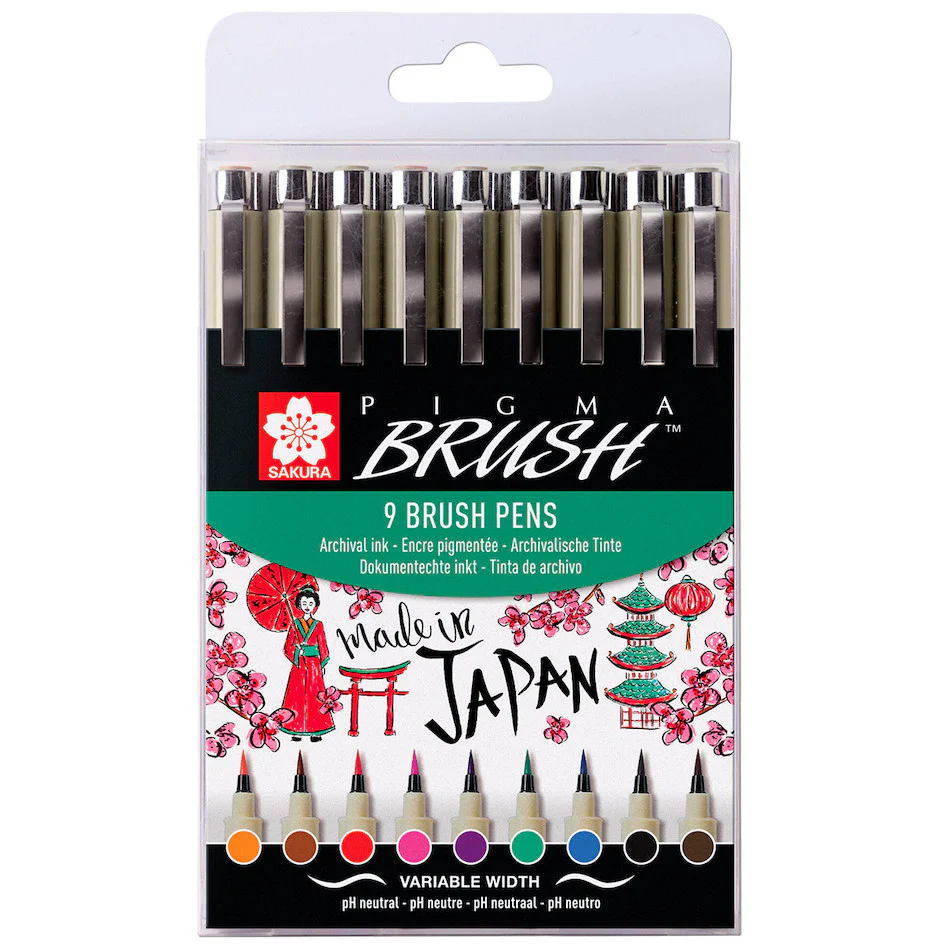 Sakura Pigma Brush Pen Set of 9 Assorted Colours