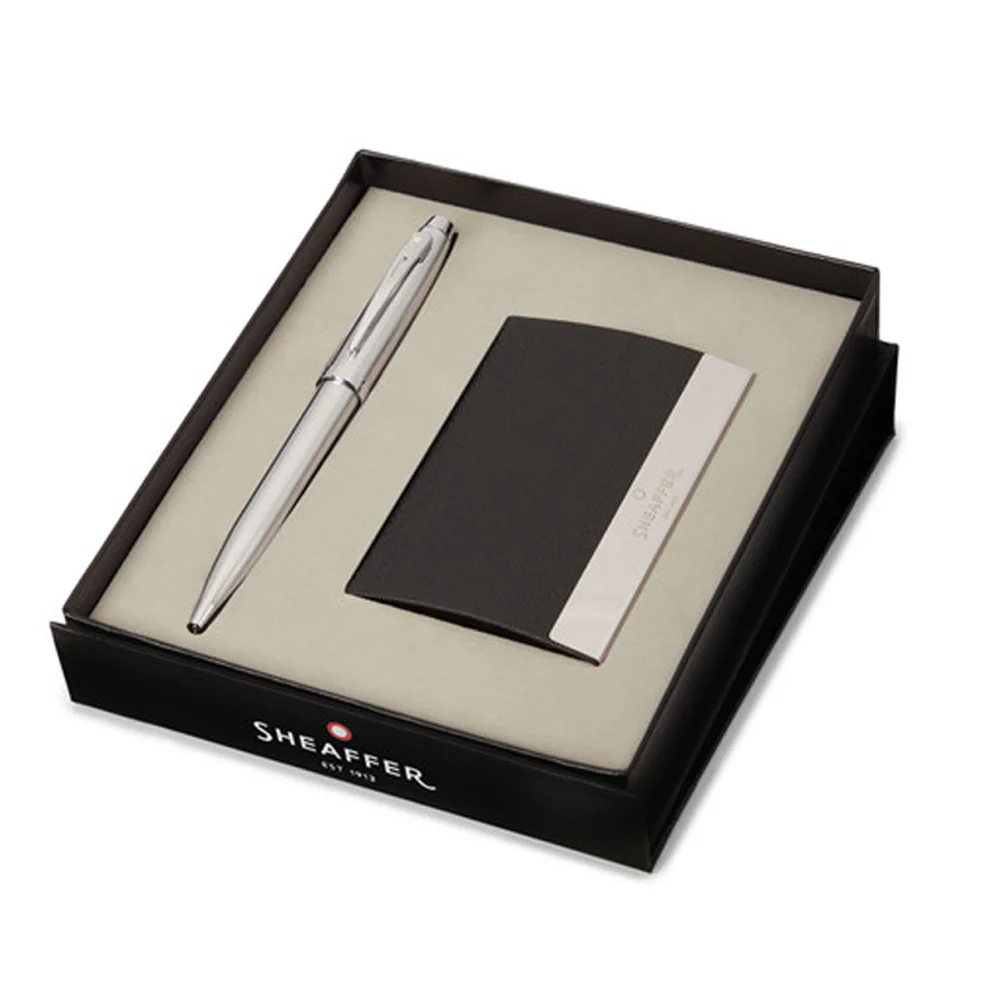 Sheaffer 100 G9306 Ballpoint Pen Chrome with Nickel Trim and Business Card Holder Set