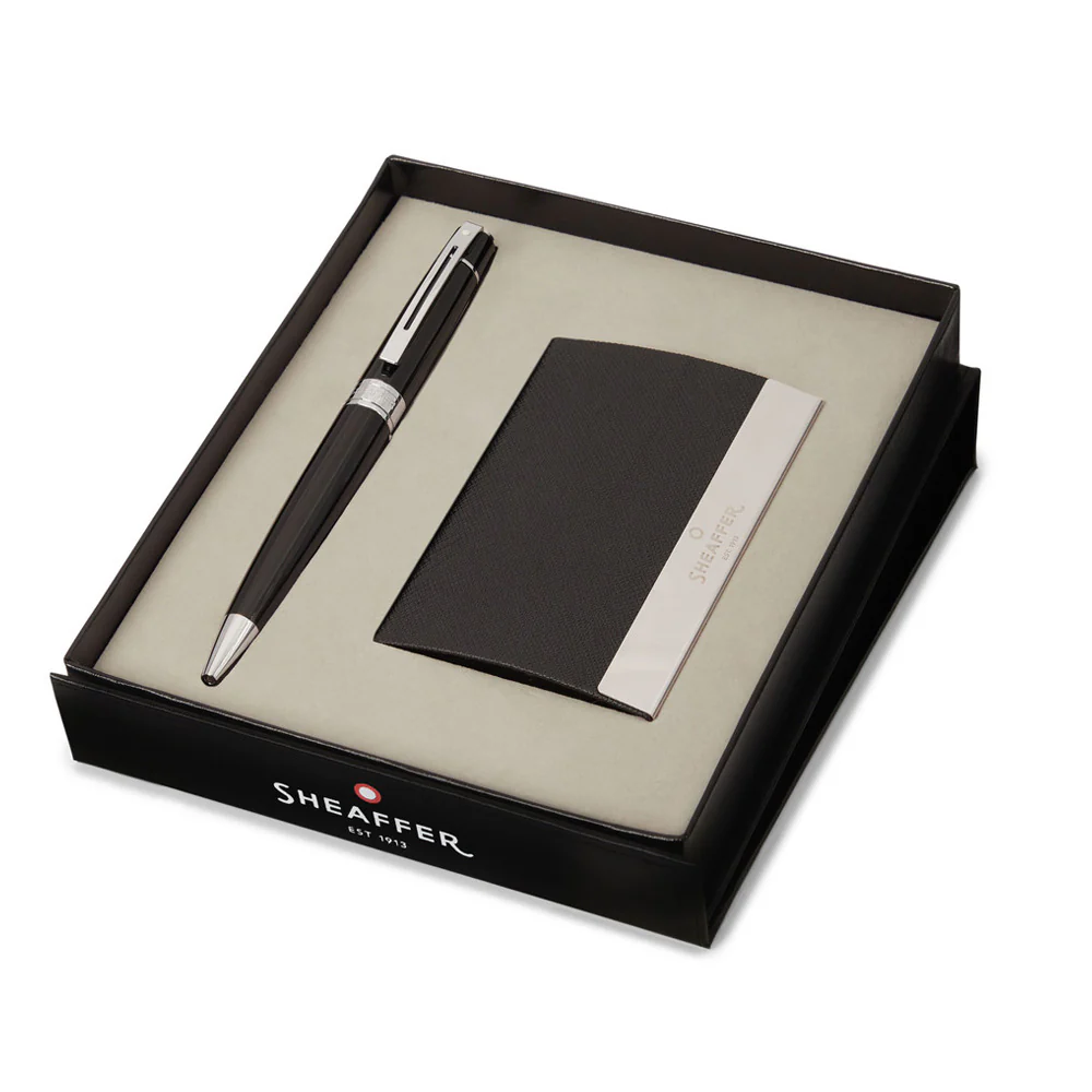 Sheaffer 100 G9317 Ballpoint Pen Matte Black with Nickel trim and Business Card Holder Set
