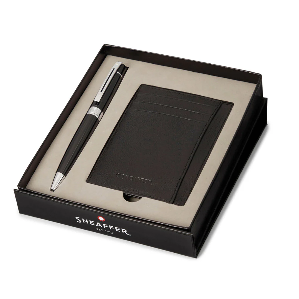 Sheaffer 300 G9312 Ballpoint Pen Glossy Black with Chrome Trim and Credit Card Holder Set