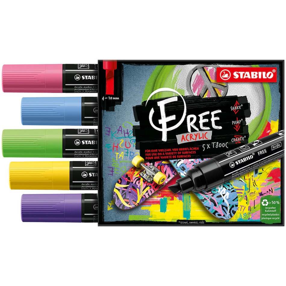 STABILO FREE T800C Acrylic Marker Pen Chisel Tip 4-10mm Wallet of 5