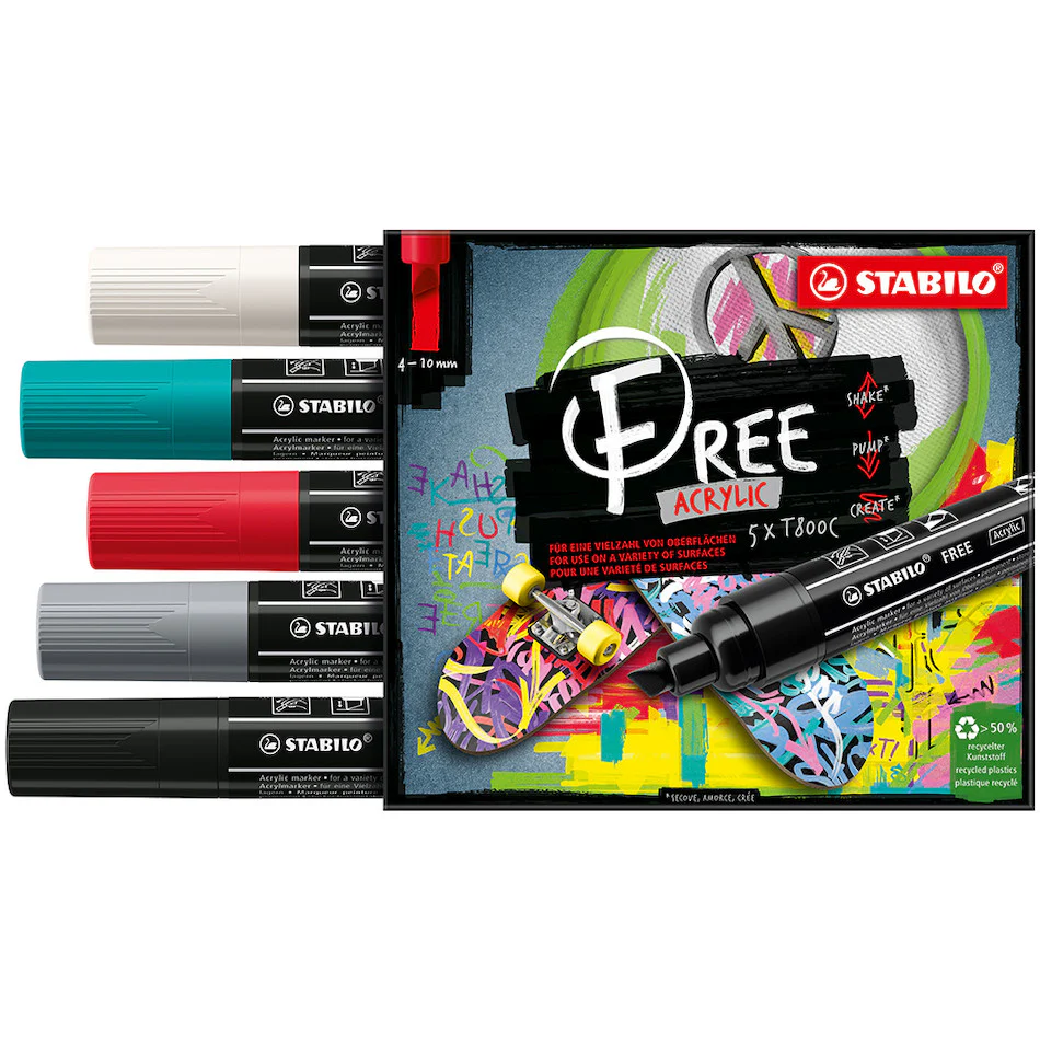 STABILO FREE T800C Acrylic Marker Pen Chisel Tip 4-10mm Wallet of 5 - Image 2