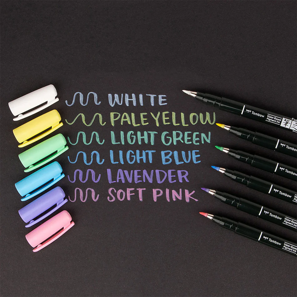 Tombow Fudenosuke Pastel Brush Pen for Black Paper Assorted Set of 6 - Image 2