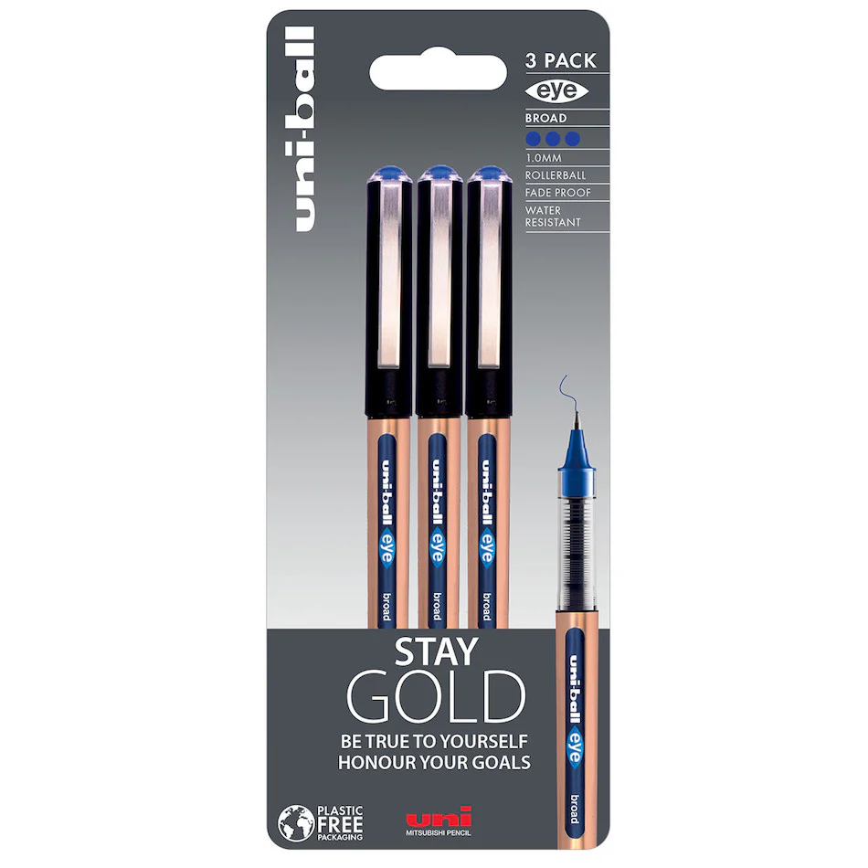 Uni-ball On Point Stay Gold Broad Rollerball Handwriting Pens 3 Pack Blue