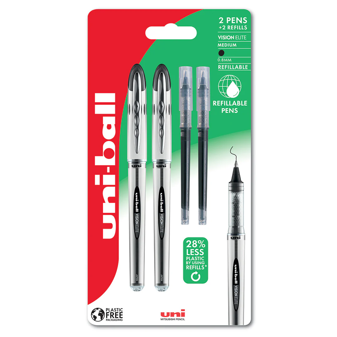 Uni-ball Vision Elite Medium Airplane Safe Rollerball Pen Un-200 Refill Set Black