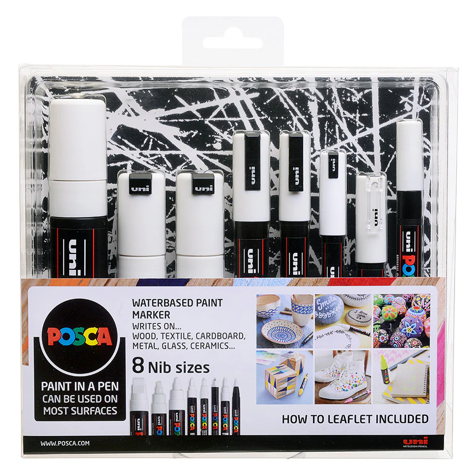 Uni POSCA Marker Pen Set of 8 Assorted Tips White